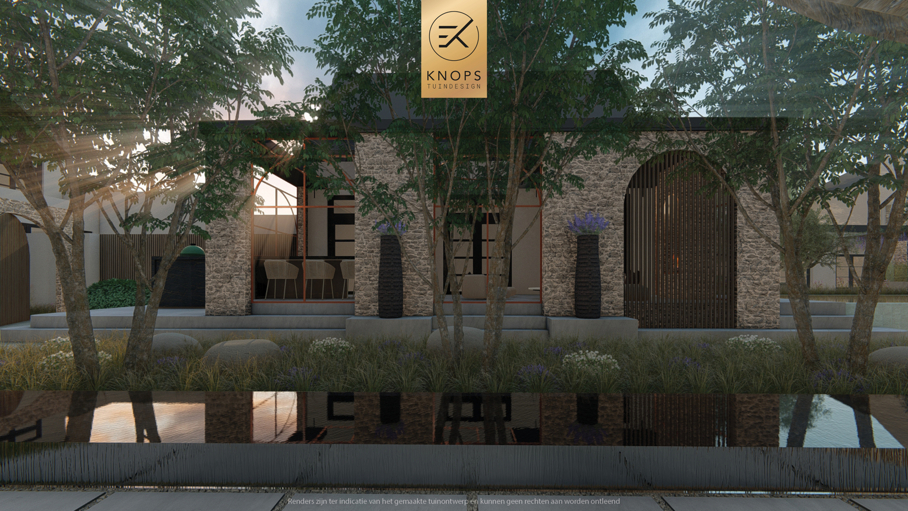 Architectuur met ronde vormen, unieke stadstuin, grote stadstuin, stadstuin met zwembad, ronde zitkuil met vuur, wellness met vuur, tuin met hoogtes, meerstammige bomen
