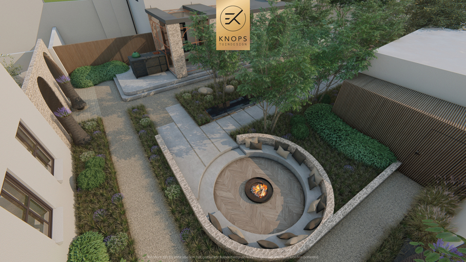 Architectuur met ronde vormen, unieke stadstuin, grote stadstuin, stadstuin met zwembad, ronde zitkuil met vuur, wellness met vuur, tuin met hoogtes, meerstammige bomen