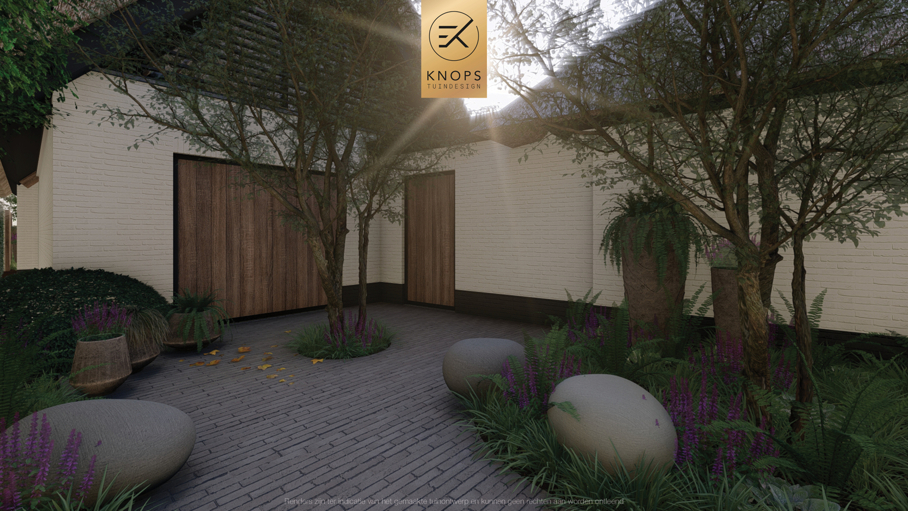 Tuin met ronde vormen, groene tuin met zwemvijver, tuin met kleiklinkers, kleurrijke bomen, Overkapping met haardvuur