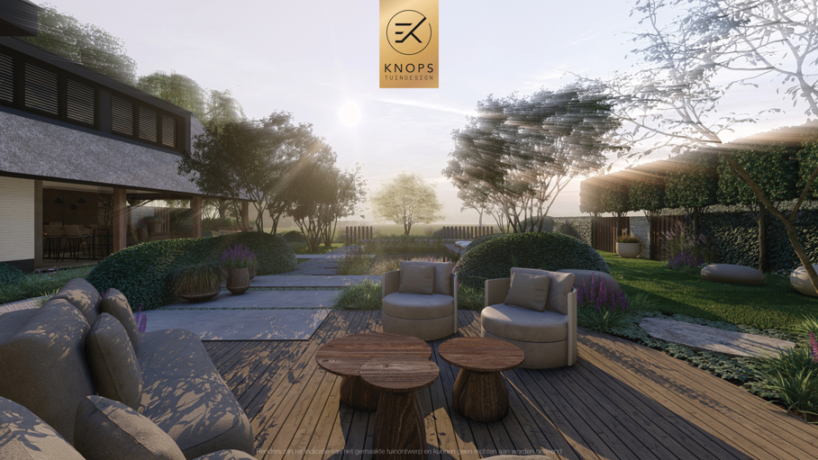 Tuin met ronde vormen, groene tuin met zwemvijver, tuin met kleiklinkers, kleurrijke bomen, Overkapping met haardvuur