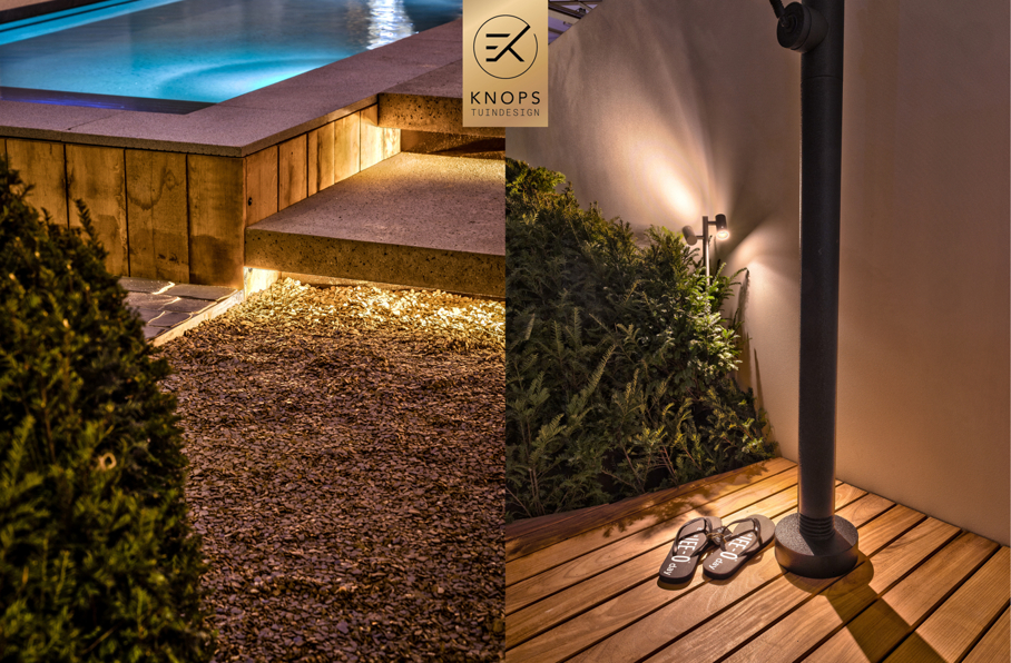 sfeertuinen zwembad meerstammige bomen tuin verlichting avond witte polyester bakken knops tuindesign tuinarchitect overkapping wellness luxe buitenhaard vlonder