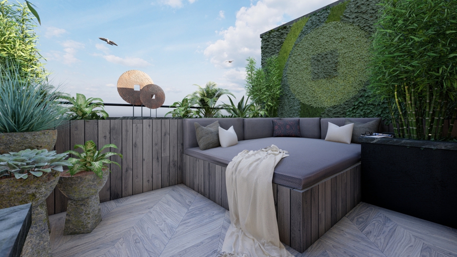 Daktuin rooftop terrace bijzonder tuinarchitect buitenleven buitenhaard vlonder tuinontwerp luxe designtuin knops tuindesign penthouse tuin high end