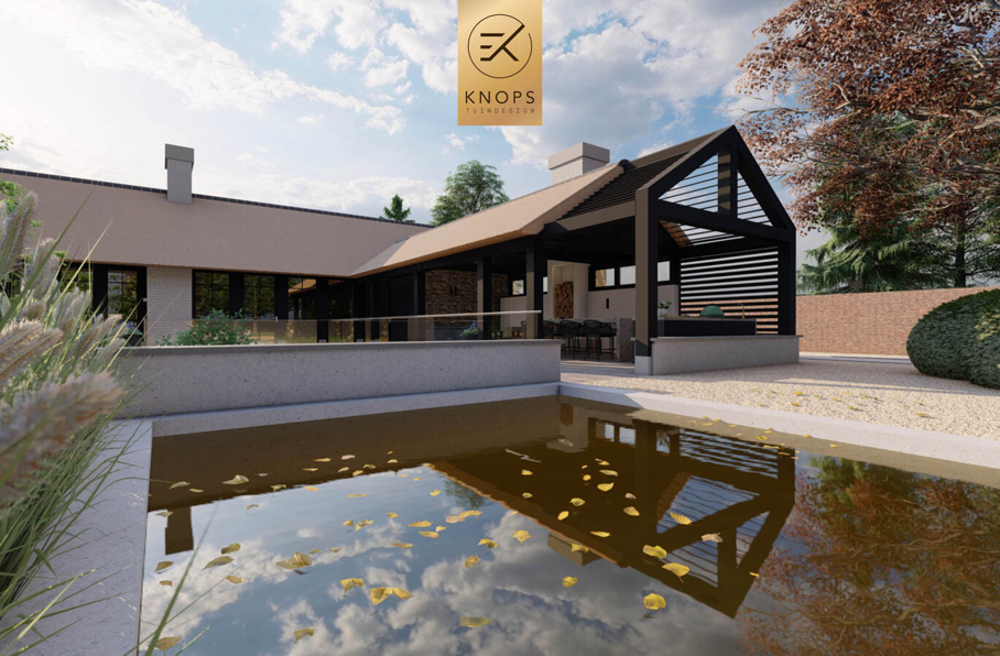 Luxe niveau kelderbak keldertuin villatuin jacuzzi binnenzwembad totaalarchitectuur high end overkapping veranda buitenkeuken cooxs borek zonnedoek buitendouche waterval erik knops tuinarchitect tilburg