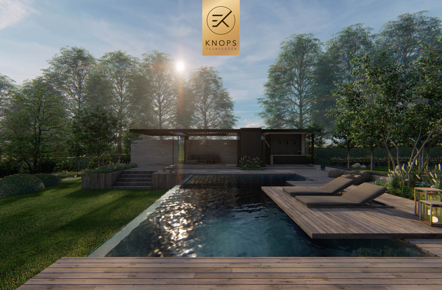 Luxe niveau hoogtes infinitypool villatuin totaalarchitectuur high end overkapping veranda buitenkeuken cooxs borek zonnedoek buitendouche waterval erik knops tuinarchitect tilburg