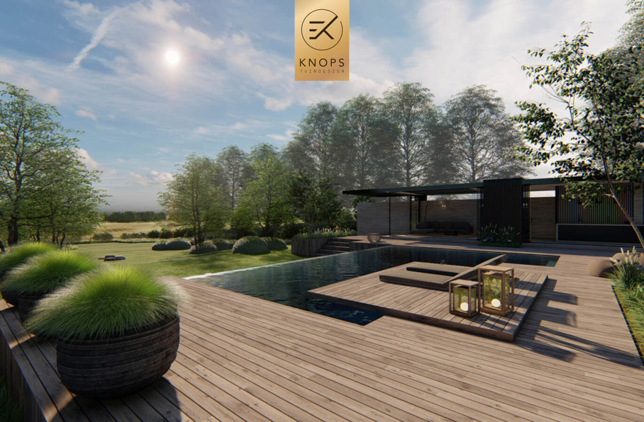 Luxe niveau hoogtes infinitypool villatuin totaalarchitectuur high end overkapping veranda buitenkeuken cooxs borek zonnedoek buitendouche waterval erik knops tuinarchitect tilburg