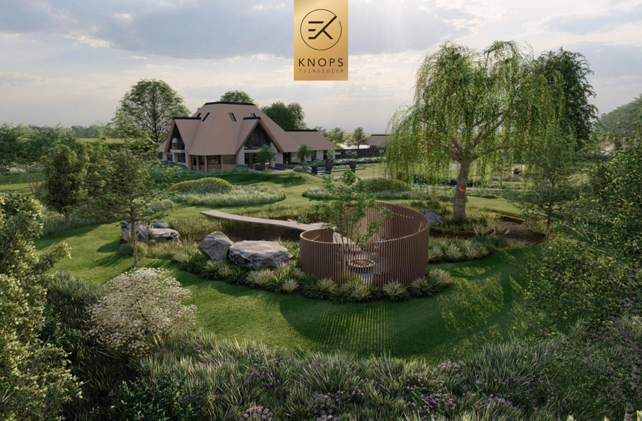 Totaalarchitectuur samenwerkingen landschapsarchitect 3Dspecialisten tuinontwerp luxe wellnesstuin villatuin erik knops tuindesign buitenhaard vlonder zwembad poolhouse luxe designtuin bomen zwemparadijs