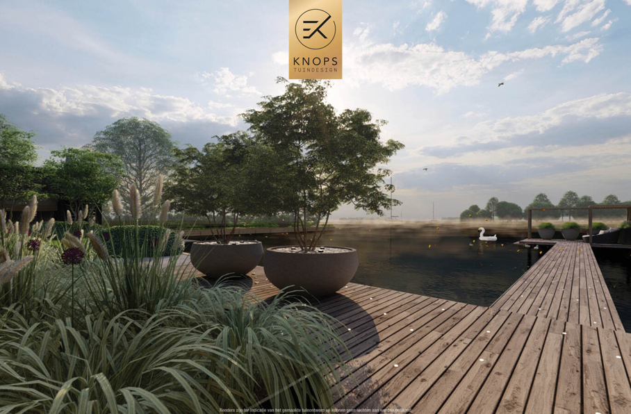 Tuinontwerp waterkant boothuis exclusief maatwerk gaaf knops tuindesign tuinarchitect nederland vlonder meerstammige bomen nederland high end tuinontwerp