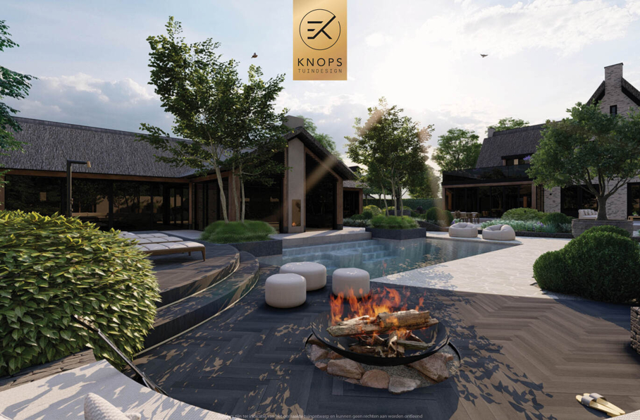 luxe tuinontwerp mediterrane tuin modern tuinontwerp exclusief tuinontwerp tuin met zwembad flagstones vlonder zitkuil luxe buitenkeuken