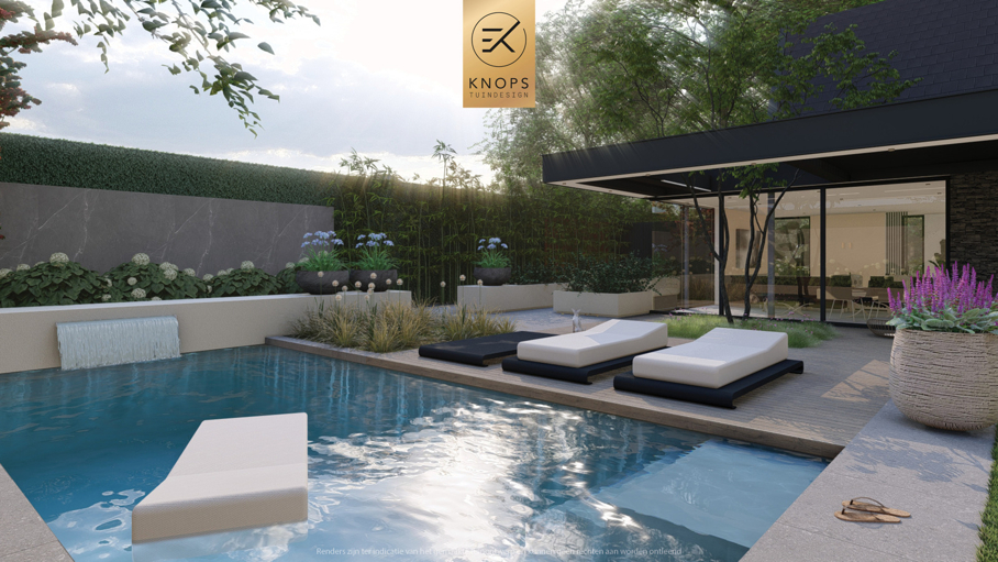 Modern tuinontwerp, japanse tuin, japanse esdoorn, nieuwbouwvilla, villatuin met zwembad, poolhouse, buitenhaard