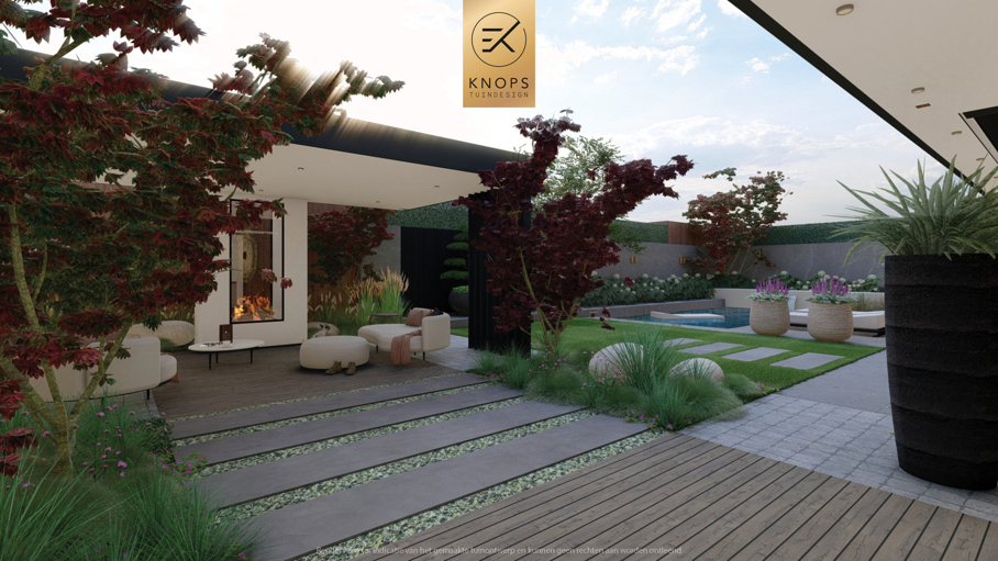 Modern tuinontwerp, japanse tuin, japanse esdoorn, nieuwbouwvilla, villatuin met zwembad, poolhouse, buitenhaard