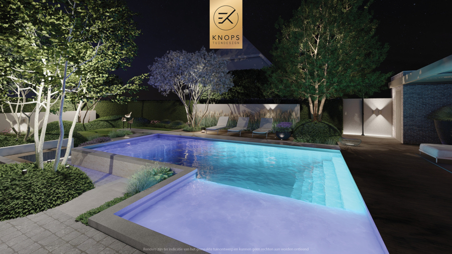 moderne villatuin met zwembad, luxe tuin, strak tuinontwerp, italiaanse tuin, mediterrane tuin, buitenkeuken, pergola, zonnebedden