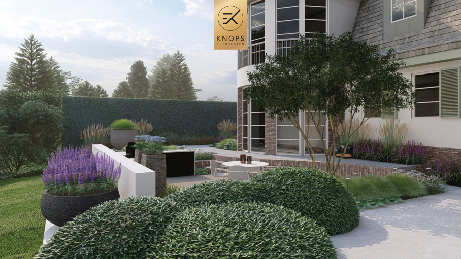 exclusief tuinontwerp, moderne tuin met groene sfeer, luxe tuin, moderne tuin, tuin met zwembad, buitenkeuken