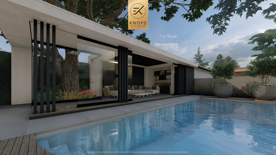 exclusief tuinontwerp, moderne tuin met groene sfeer, luxe tuin, moderne tuin, tuin met zwembad, buitenkeuken