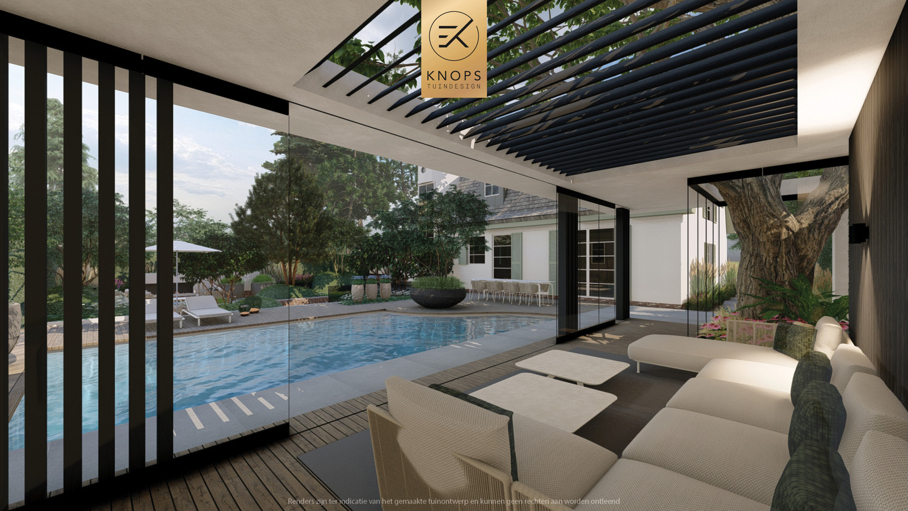 exclusief tuinontwerp, moderne tuin met groene sfeer, luxe tuin, moderne tuin, tuin met zwembad, buitenkeuken