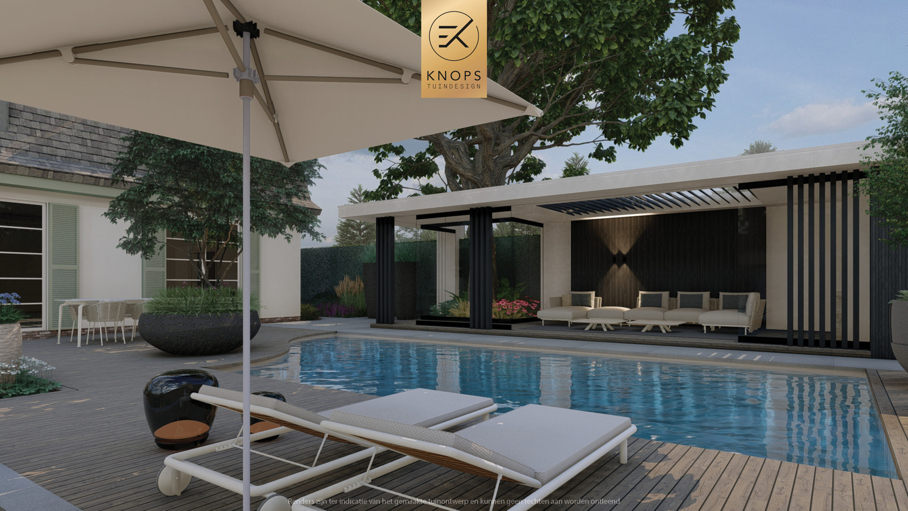 exclusief tuinontwerp, moderne tuin met groene sfeer, luxe tuin, moderne tuin, tuin met zwembad, buitenkeuken