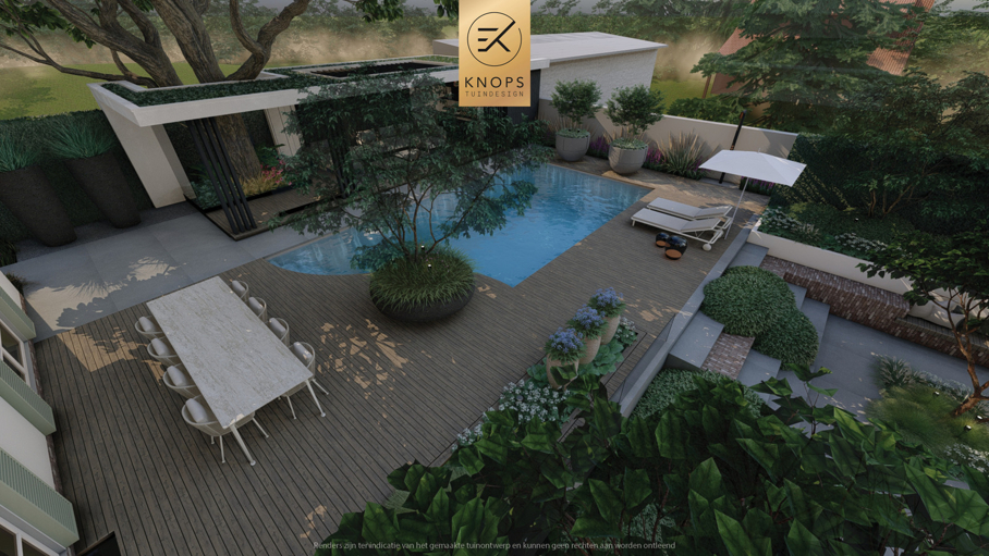 exclusief tuinontwerp, moderne tuin met groene sfeer, luxe tuin, moderne tuin, tuin met zwembad, buitenkeuken