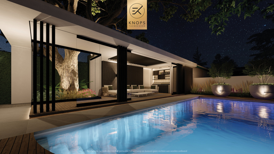exclusief tuinontwerp, moderne tuin met groene sfeer, luxe tuin, moderne tuin, tuin met zwembad, buitenkeuken