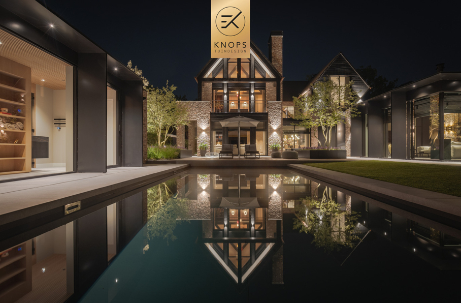 moderne villatuin met unieke architectuur, luxury villa garden, wellness tuin, strakke tuin, robuuste materialen, stenen in tuin, vlonders, poolhouse met sauna, jacuzzi, tuin met zwembad, totaalarchitectuur