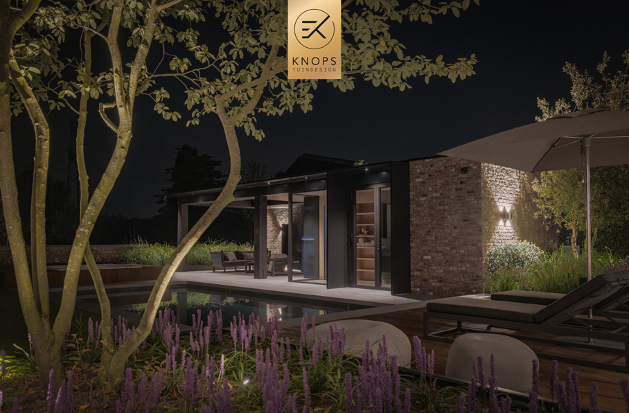 moderne villatuin met unieke architectuur, luxury villa garden, wellness tuin, strakke tuin, robuuste materialen, stenen in tuin, vlonders, poolhouse met sauna, jacuzzi, tuin met zwembad, totaalarchitectuur
