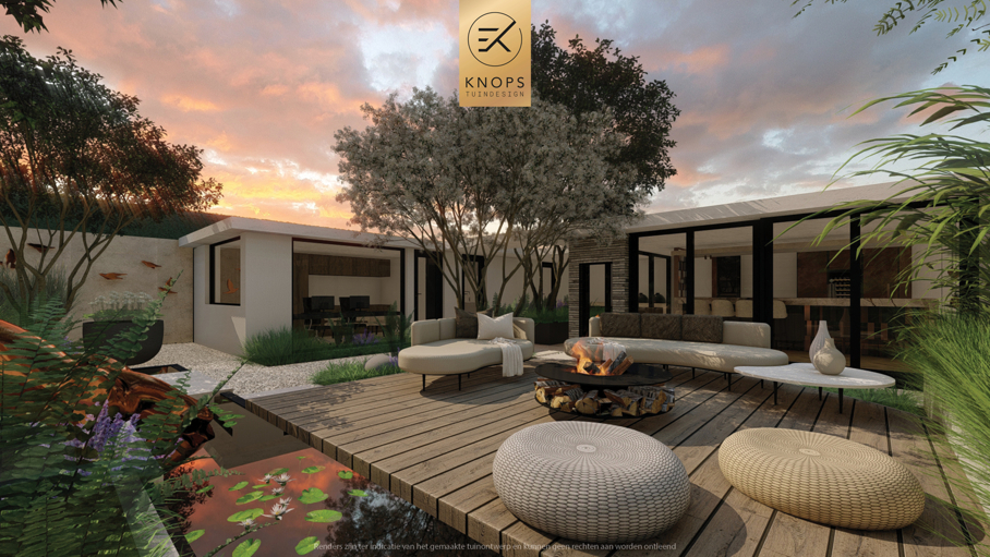 moderne tuin met veel groen, groene achtertuin, tuin met kantoor, bijgebouw, tuinachitectuur, gezellige tuin, jacuzzi, hoogteverschillen tuin