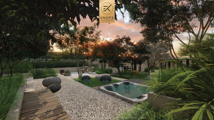moderne tuin met veel groen, groene achtertuin, tuin met kantoor, bijgebouw, tuinachitectuur, gezellige tuin, jacuzzi, hoogteverschillen tuin
