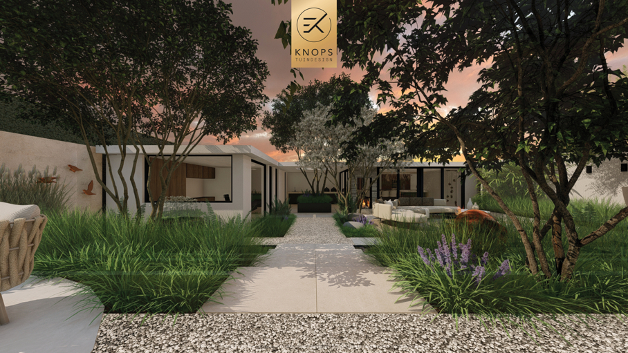 moderne tuin met veel groen, groene achtertuin, tuin met kantoor, bijgebouw, tuinachitectuur, gezellige tuin, jacuzzi, hoogteverschillen tuin