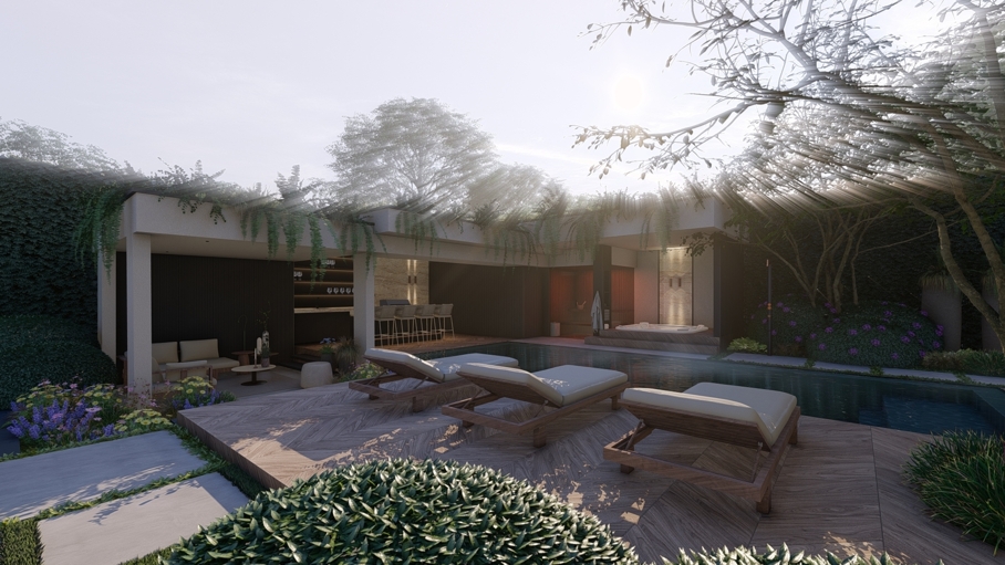 Cottage garden design, moderne cottage tuin, tuinontwerp, tuin met zwembad, poolhouse met sauna, groene tuin, Knops Tuindesign