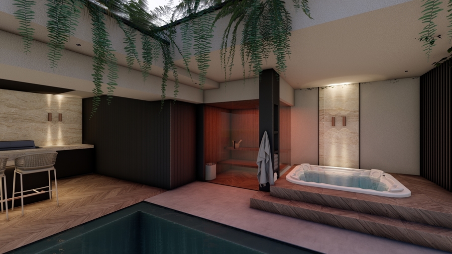 Cottage garden design, moderne cottage tuin, tuinontwerp, tuin met zwembad, poolhouse met sauna, groene tuin, Knops Tuindesign