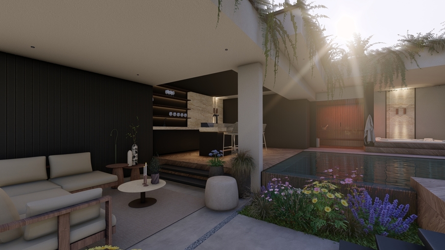 Cottage garden design, moderne cottage tuin, tuinontwerp, tuin met zwembad, poolhouse met sauna, groene tuin, Knops Tuindesign