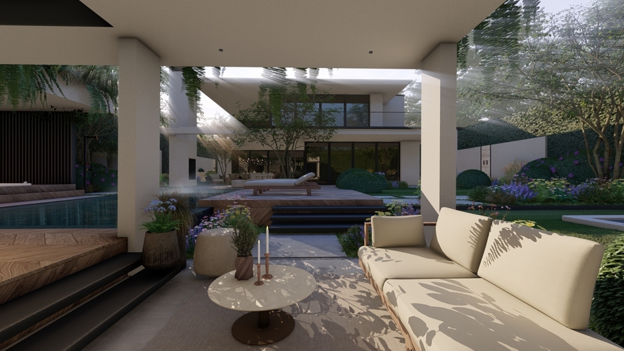 Cottage garden design, moderne cottage tuin, tuinontwerp, tuin met zwembad, poolhouse met sauna, groene tuin, Knops Tuindesign