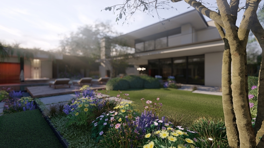Cottage garden design, moderne cottage tuin, tuinontwerp, tuin met zwembad, poolhouse met sauna, groene tuin, Knops Tuindesign