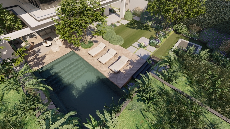 Cottage garden design, moderne cottage tuin, tuinontwerp, tuin met zwembad, poolhouse met sauna, groene tuin, Knops Tuindesign