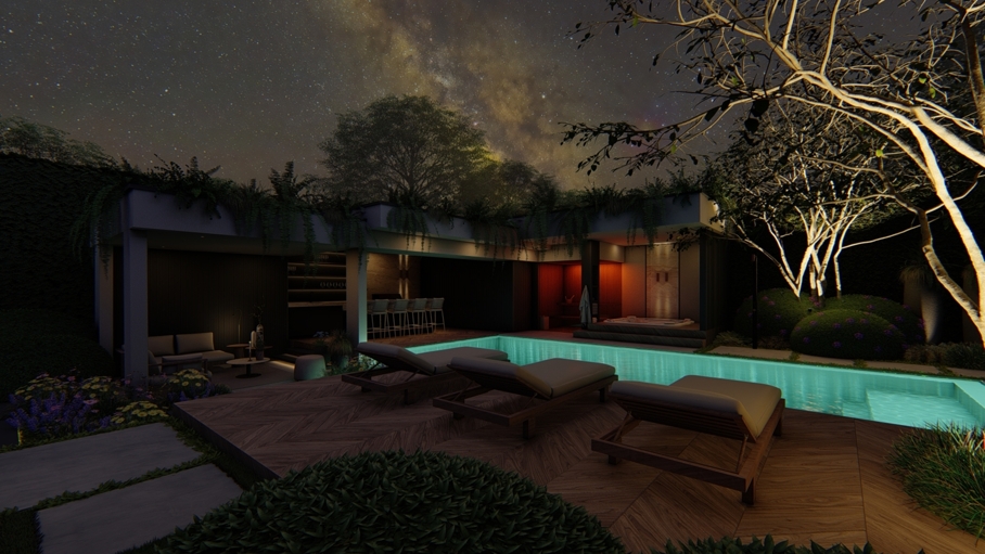 Cottage garden design, moderne cottage tuin, tuinontwerp, tuin met zwembad, poolhouse met sauna, groene tuin, Knops Tuindesign
