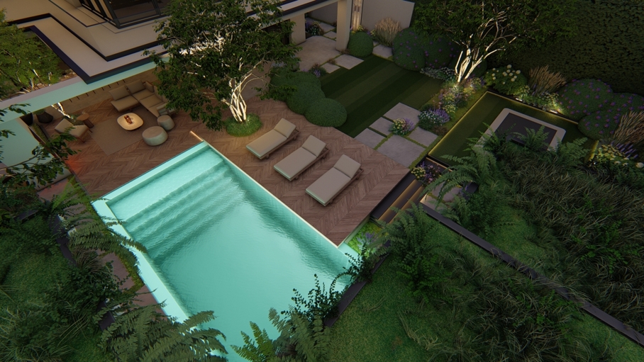 Cottage garden design, moderne cottage tuin, tuinontwerp, tuin met zwembad, poolhouse met sauna, groene tuin, Knops Tuindesign
