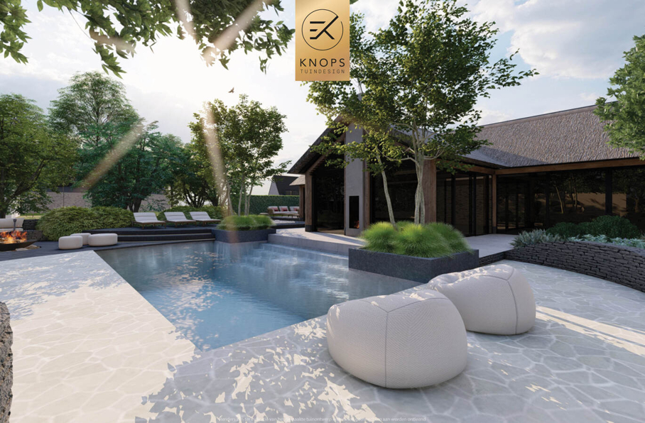 luxe tuinontwerp mediterrane tuin modern tuinontwerp exclusief tuinontwerp tuin met zwembad flagstones vlonder zitkuil luxe buitenkeuken