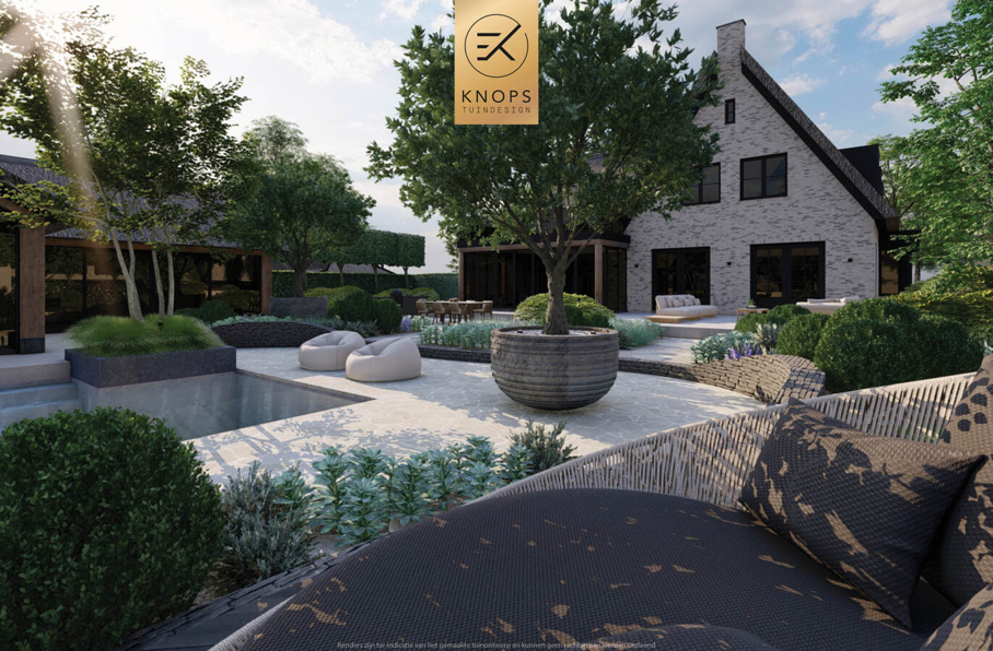 luxe tuinontwerp mediterrane tuin modern tuinontwerp exclusief tuinontwerp tuin met zwembad flagstones vlonder zitkuil luxe buitenkeuken