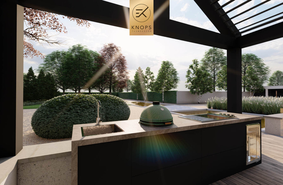 Luxe niveau kelderbak keldertuin villatuin jacuzzi binnenzwembad totaalarchitectuur high end overkapping veranda buitenkeuken cooxs borek zonnedoek buitendouche waterval erik knops tuinarchitect tilburg