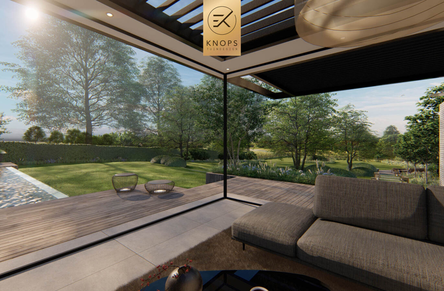 Luxe niveau hoogtes infinitypool villatuin totaalarchitectuur high end overkapping veranda buitenkeuken cooxs borek zonnedoek buitendouche waterval erik knops tuinarchitect tilburg