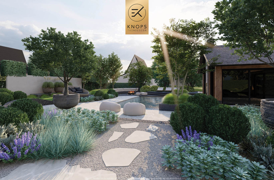 luxe tuinontwerp mediterrane tuin modern tuinontwerp exclusief tuinontwerp tuin met zwembad flagstones vlonder zitkuil luxe buitenkeuken