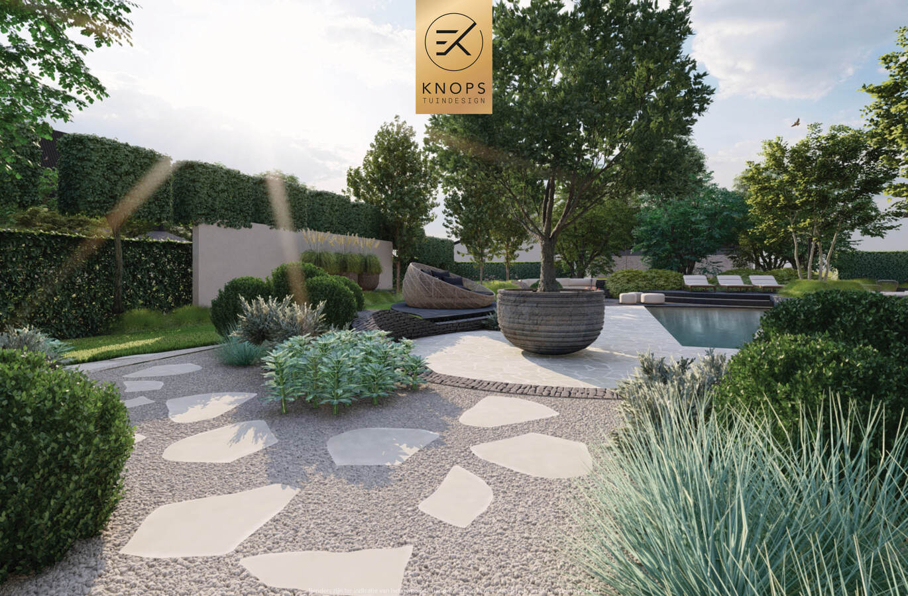 luxe tuinontwerp mediterrane tuin modern tuinontwerp exclusief tuinontwerp tuin met zwembad flagstones vlonder zitkuil luxe buitenkeuken