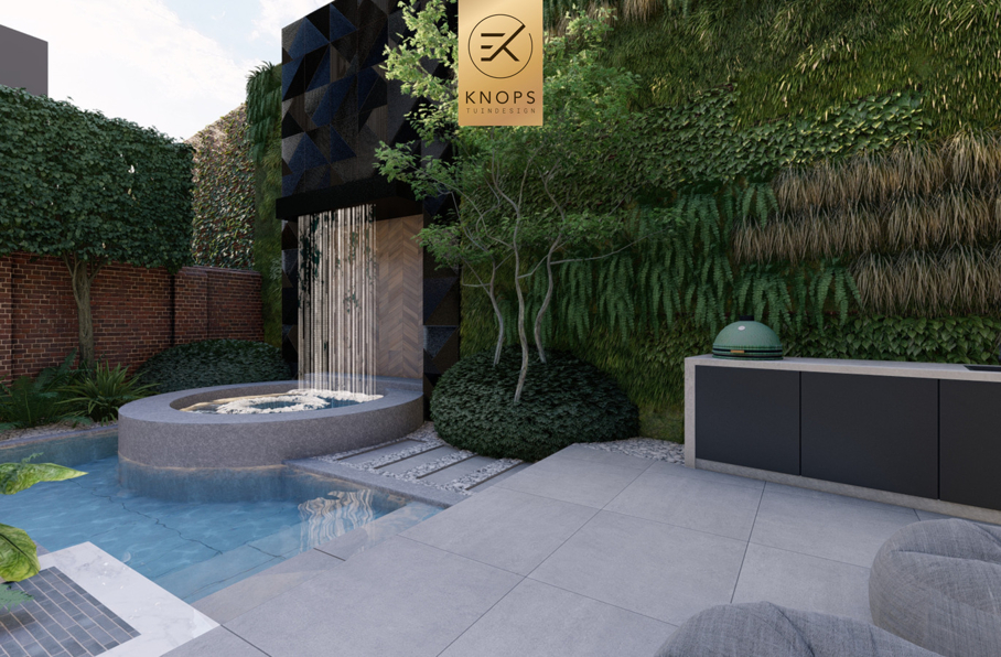 luxe stadstuin zwembad waterval jacuzzi wellnesstuin tuinontwerp exclusieve tuin in de de stad moderne tuin strak ontwerp