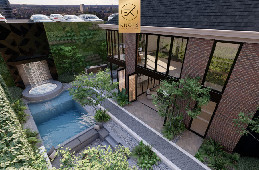 luxe stadstuin zwembad waterval jacuzzi wellnesstuin tuinontwerp exclusieve tuin in de de stad moderne tuin strak ontwerp