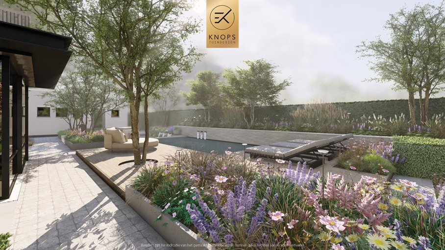  kleurrijke beplanting, zitkuil met vuur, buitenkeuken, zwembad, meerstammige bomen, kunst in het water