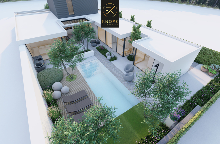 moderne woning met cortenstaal en stucwerk rondom een moderne tuin ontwerpen door erik knops tuinarchitect inclusief zwembad overkapping met lamellen buitendouche duurzame materialen high end 