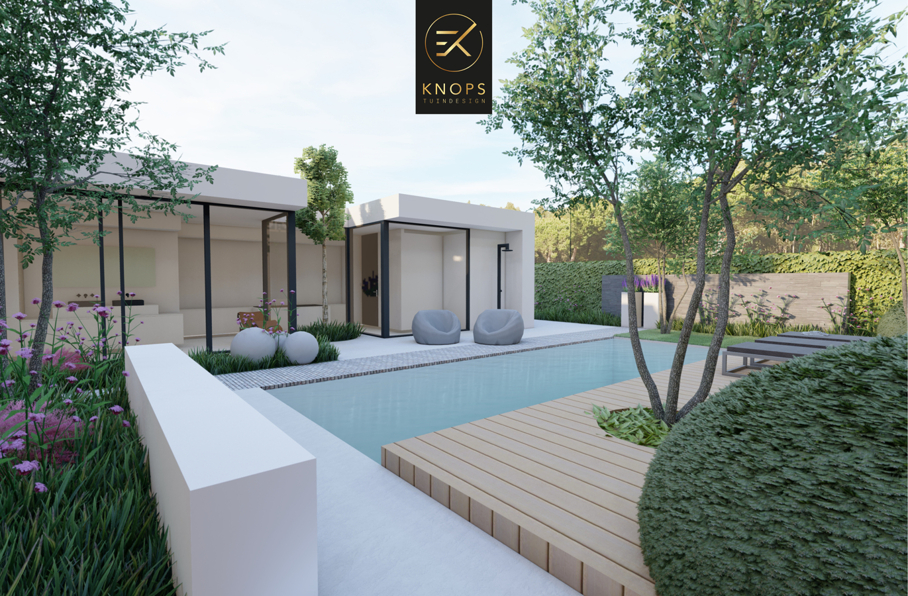 moderne woning met cortenstaal en stucwerk rondom een moderne tuin ontwerpen door erik knops tuinarchitect inclusief zwembad overkapping met lamellen buitendouche duurzame materialen high end 