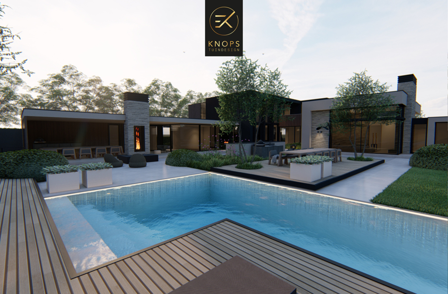moderne villa tuin knops tuindesign modern tuinontwerp zwembad l vorm luxe en wellness centraal