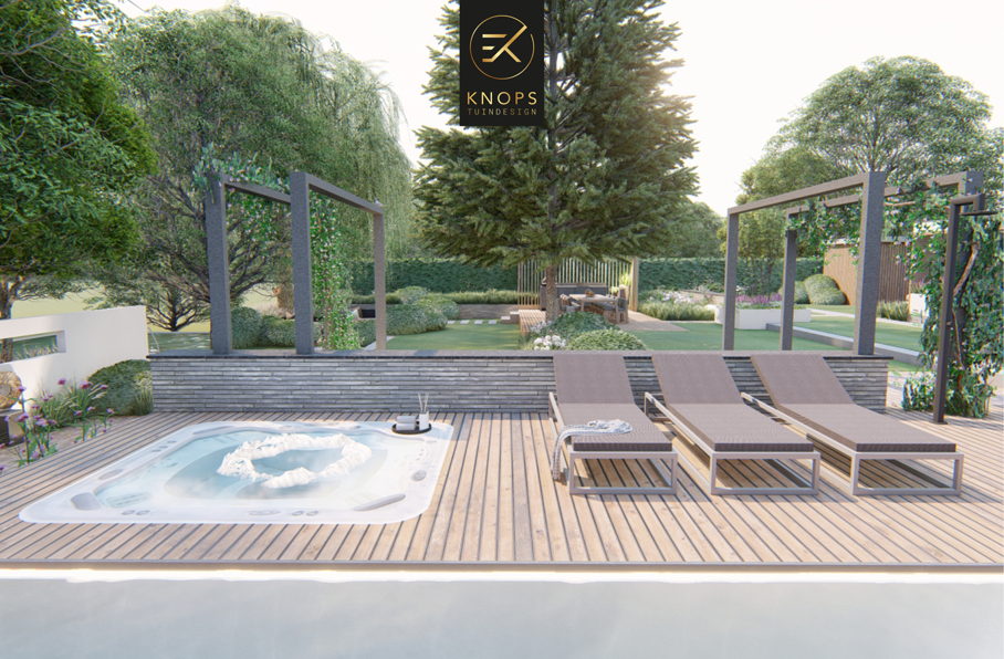 wellnesstuin met infinity pool overloopzwembad en jaccuzi totaal ontworpen met hoogte verschillen speels en romantisch tuinontwerp erik knops tuinarchitect