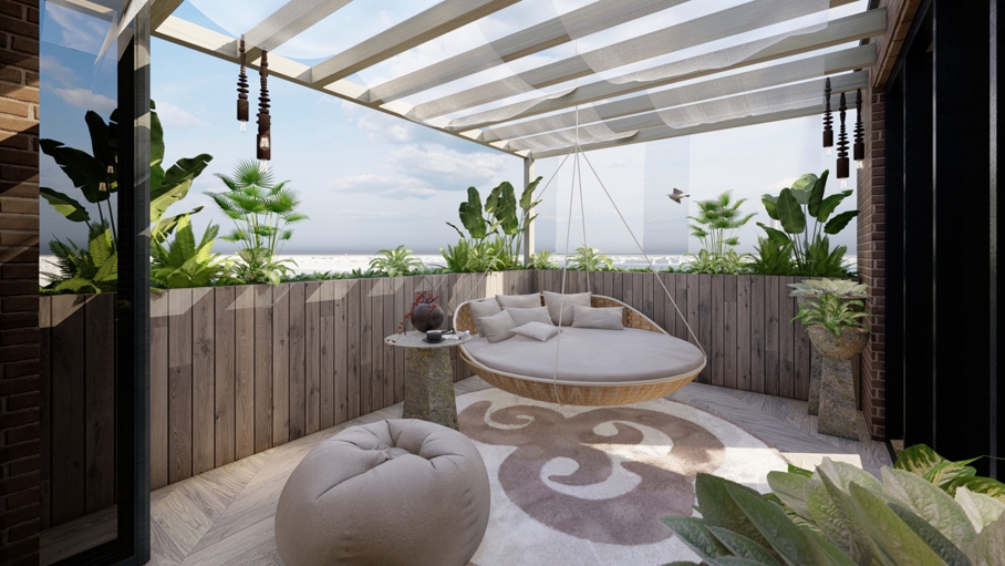 Daktuin rooftop terrace bijzonder tuinarchitect buitenleven buitenhaard vlonder tuinontwerp luxe designtuin knops tuindesign penthouse tuin high end