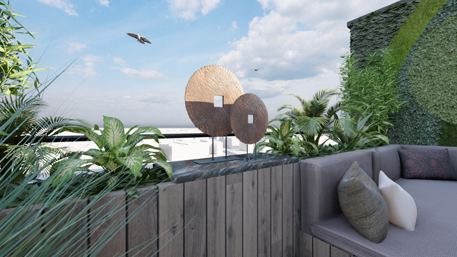 Daktuin rooftop terrace bijzonder tuinarchitect buitenleven buitenhaard vlonder tuinontwerp luxe designtuin knops tuindesign penthouse tuin high end