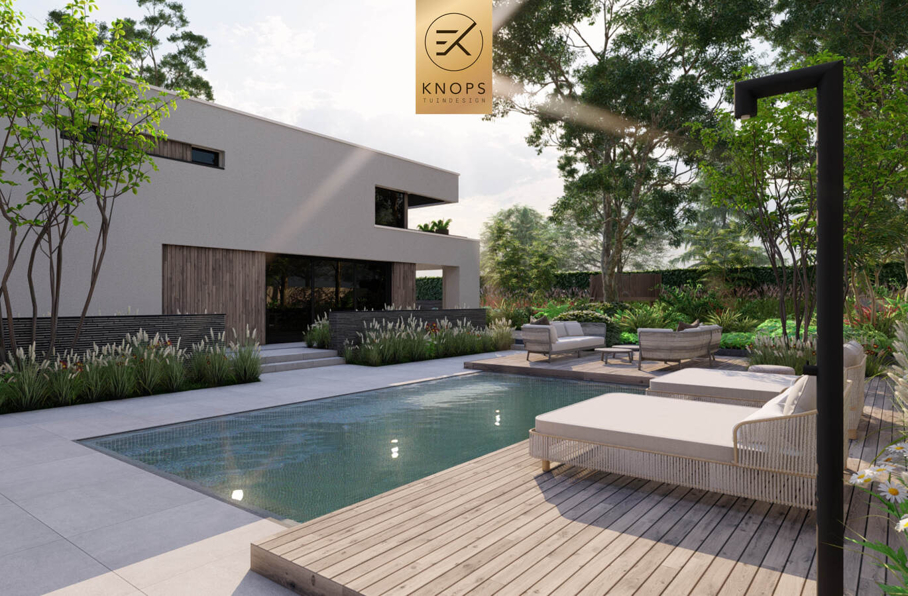 Totaalrenovatie vrijstaand villatuin overloopzwembad overnachting in eigen tuin boomhut jungletuin gym slaapplek patiotuin famillietuin tuinarchitect erik knops tuindesign